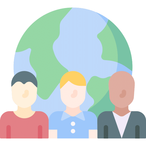 pictogramme coloré de trois personnes d'origines différentes avec la planète terre en arrière plan