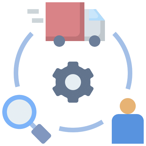 pictogramme coloré cercle avec en son centre un rouage et autour de lui un camion, une personne, et une loupe